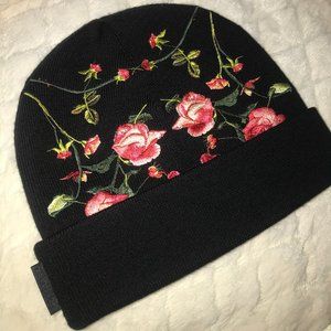 BURBERRY Black Merino Embroidered Rose Beanie